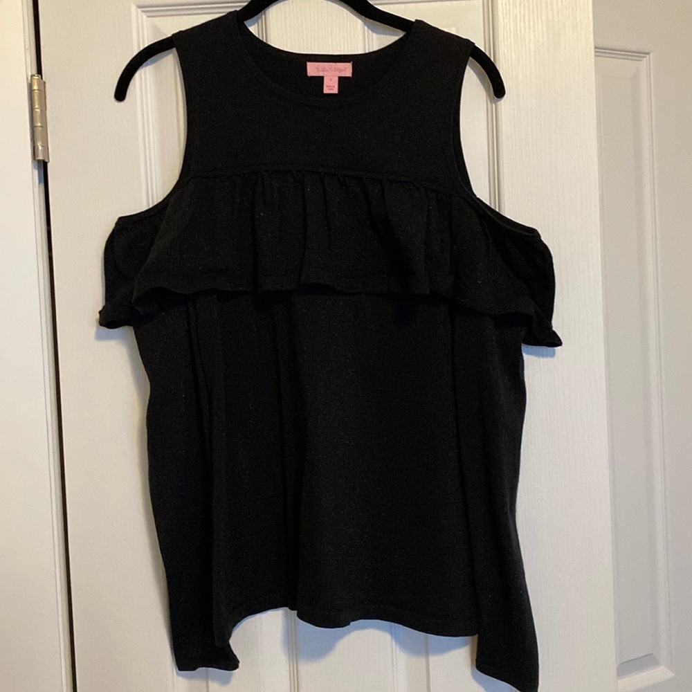 Sparkly black Lilly Pulitzer Peep Shoulder long sleeve ruffle blouse